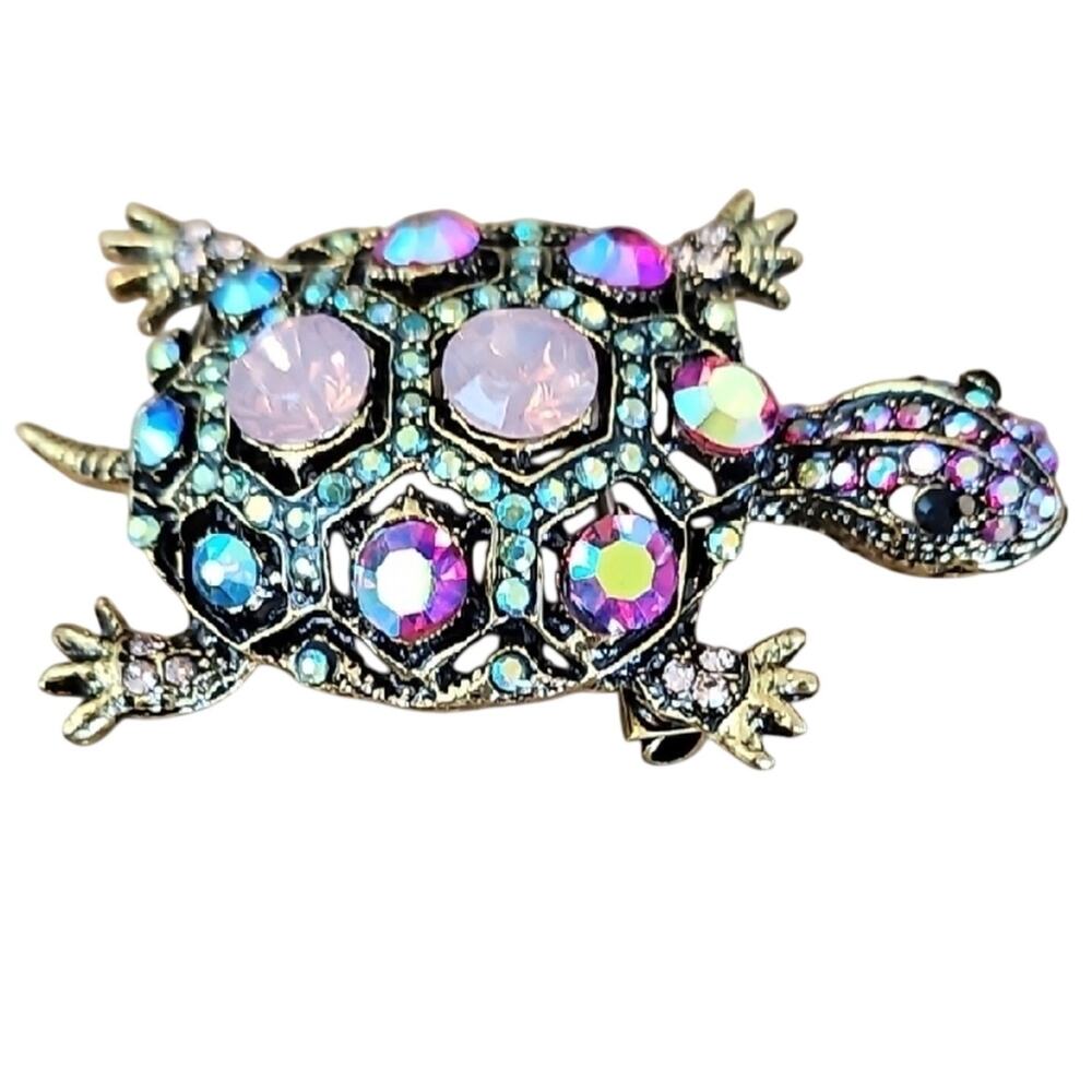 Sparkling Turtle Brooch Goldtone with Pink & Iridescent Rhinestone Crystals